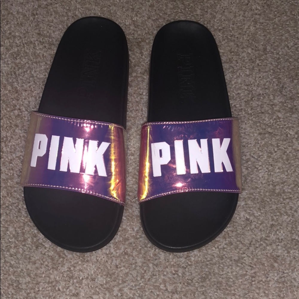 VS pink iridescent slide sandals